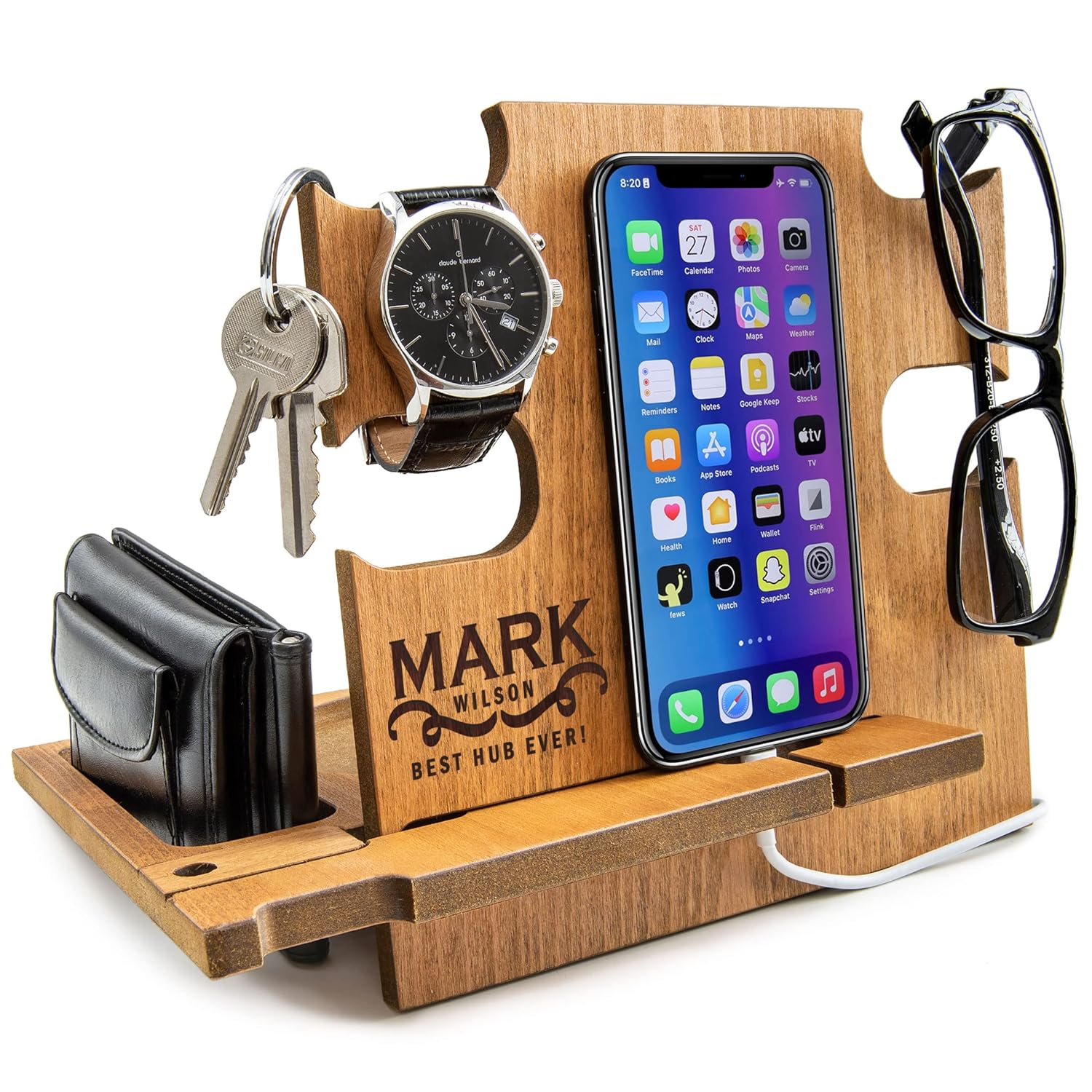 Christmas Gift for Men, Wooden Docking Station, Personalized Gift for Him, Charging Station – Smartphone Stand, Engraved Desk Organizer, Nightstand Holder (TEAK)